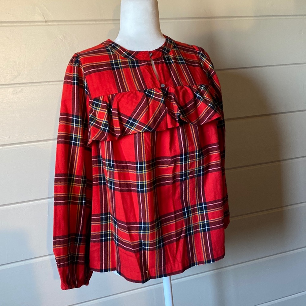 J Crew Ruffle Top Festive Plaid Red Size XS - Picture 1 of 4